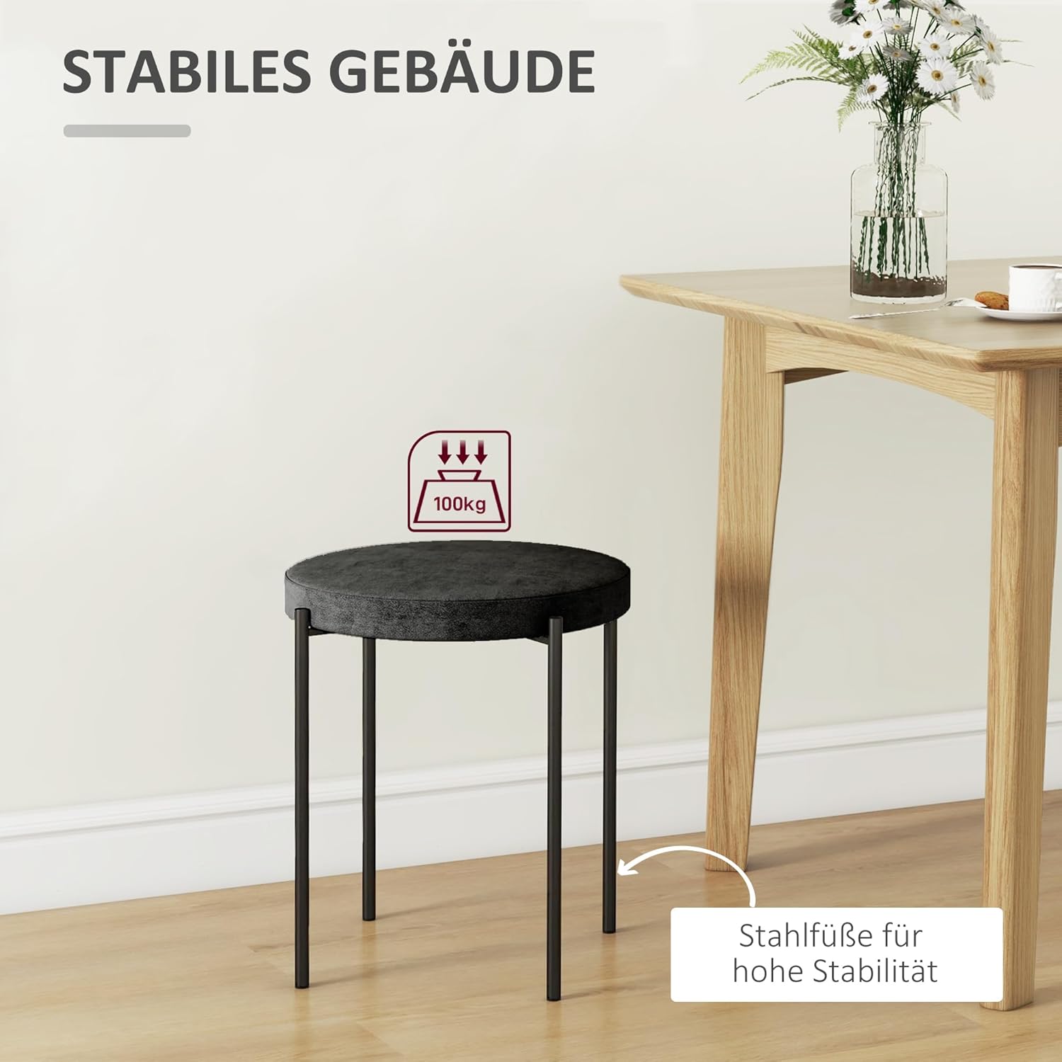 HOMCOM Esszimmerhocker 4er Set Stapelhocker Hocker aus Metall mit Samtoptik Küchenhocker Polsterhocker für Esszimmer Wohnzimmer Schwarz