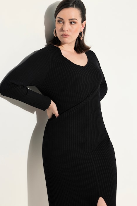 Maxi-Strickkleid, Rippstrick, Slim, V-Ausschnitt, Langarm