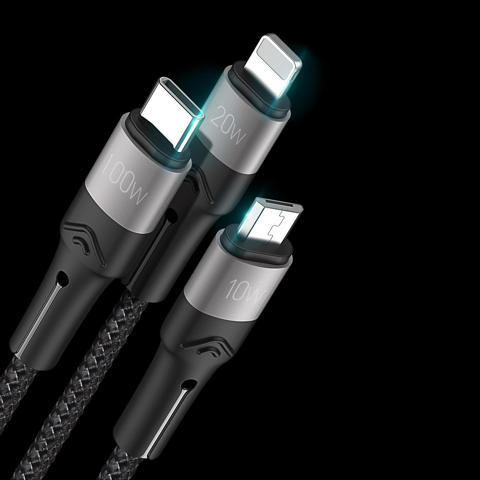 (1.3m) 3.5 A 3in1 USB A auf Lightning / Micro USB / USB C Nylon Ladekabel - Schwarz