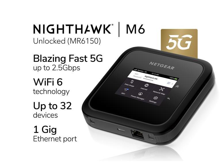 Netgear LTE Hotspot MR6150-100EUS Nighthawk M6 5G WiFi 6 Mobile Hotspot Router, freigeschaltet, bis zu 2.5Gbps