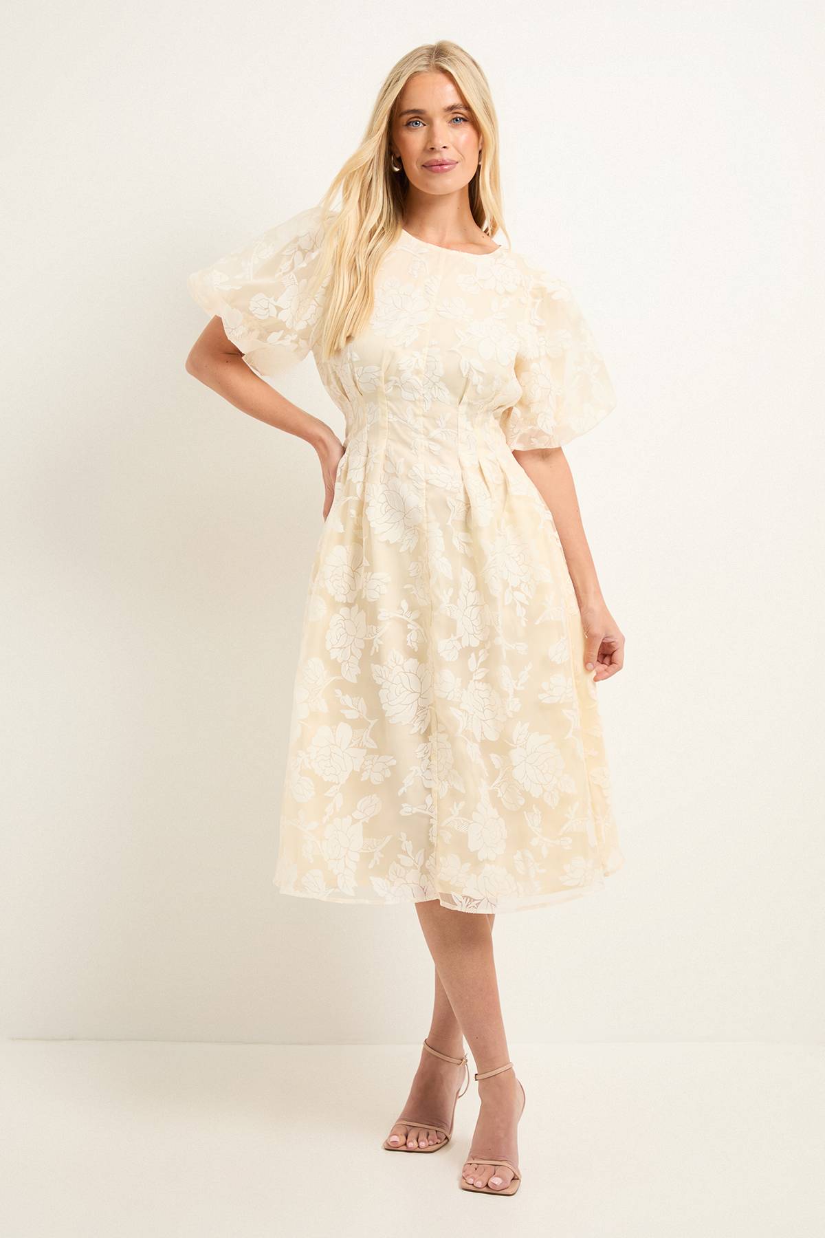 Wallis Robe Midi à Manches Bouffantes et Motif Floral Dévoré Petite Taille