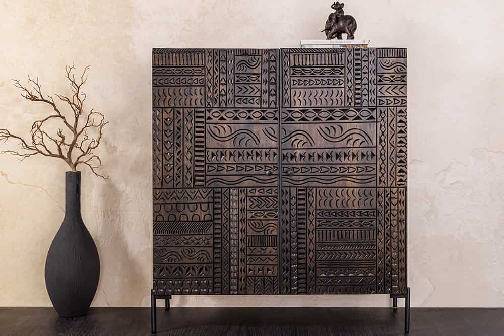 Massives Highboard TRIBAL 120cm antik braun Mangoholz 3D-Front viel Stauraum