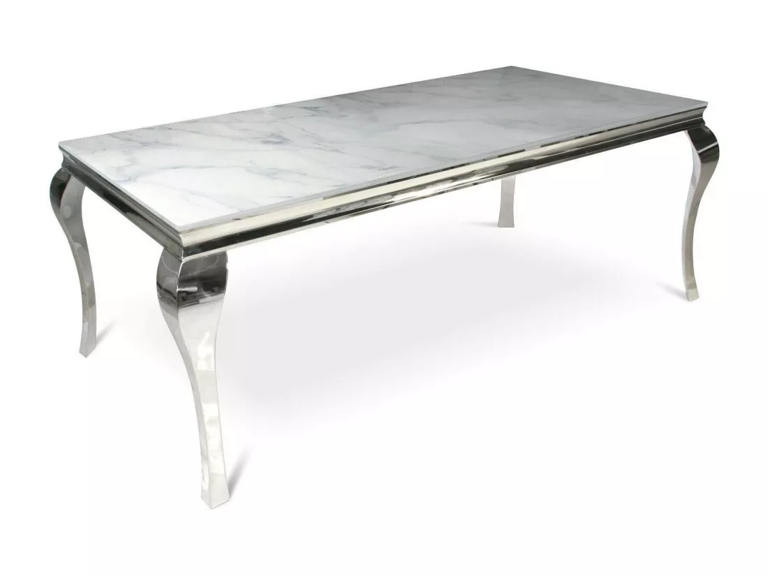 Table à manger baroque chrome verre marbre blanc 6 à 8 couverts l 180 cm