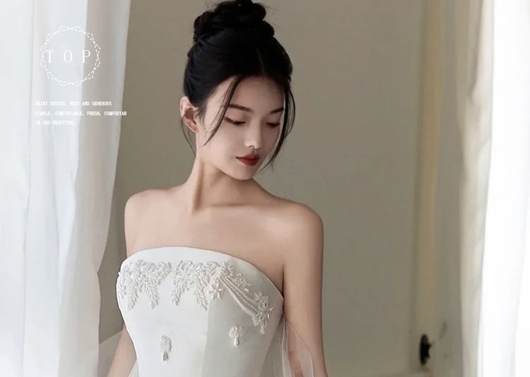 Yolarnte - Strapless mesh ruche mantel trouwjurk