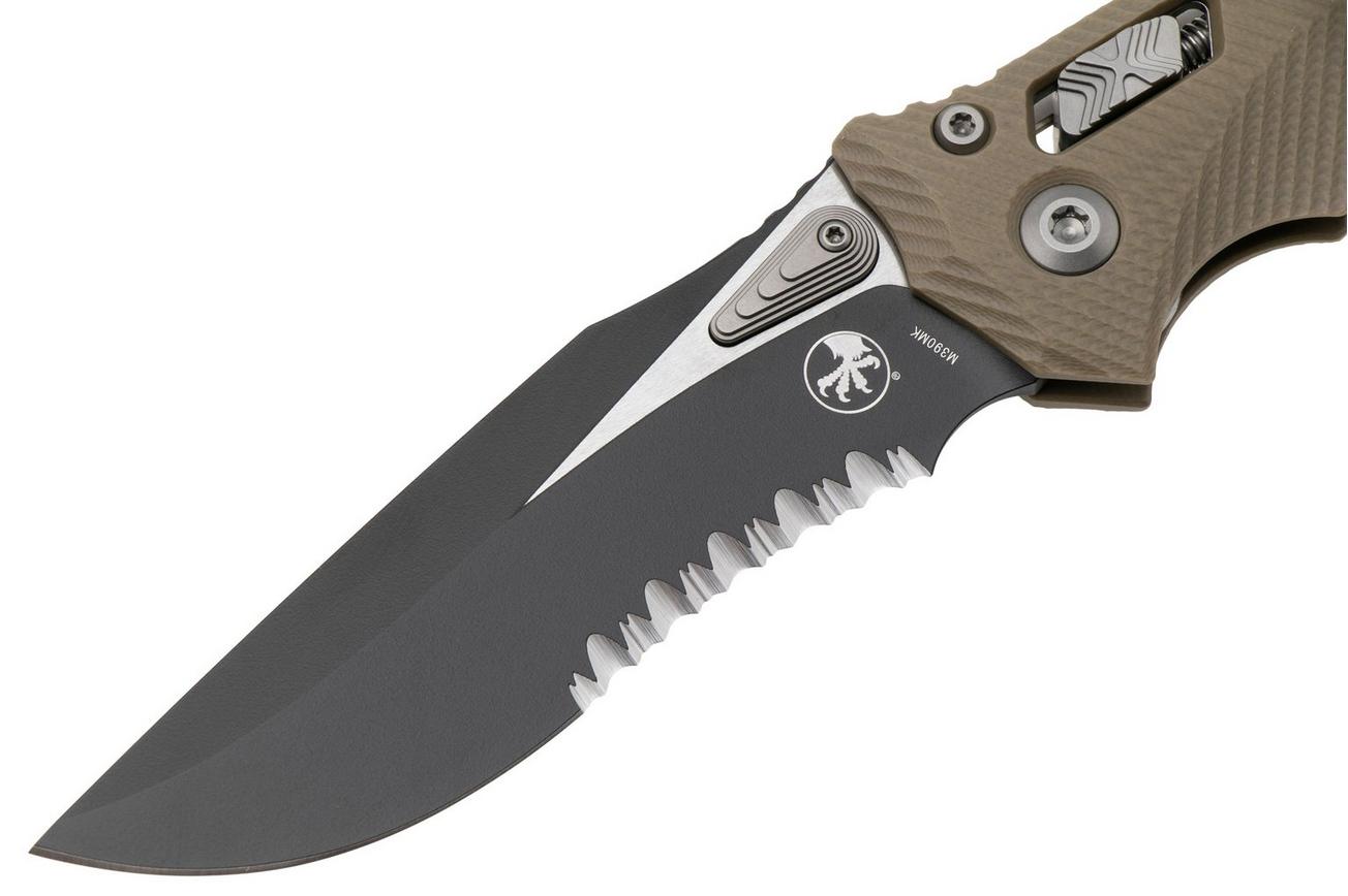Microtech Amphibian 137RL-2FLGTTA, Two Tone Black M390MK, Fluted Tan G-10, partly serrated zakmes