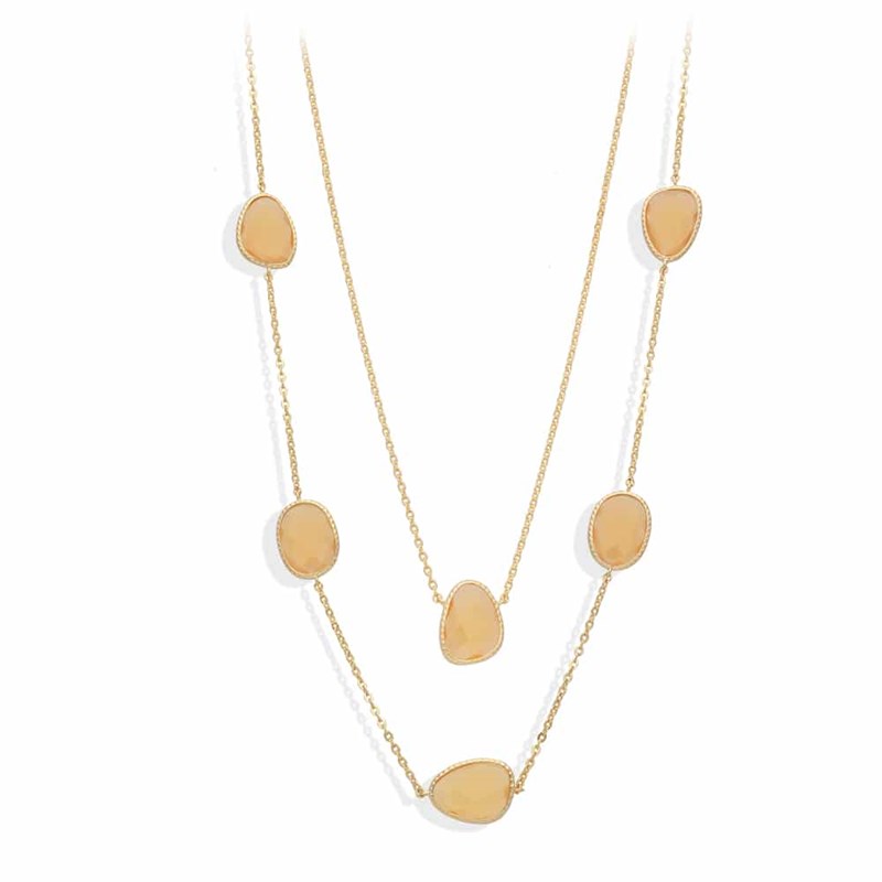 Collier Long Sautoir Argent Doré Victoria Cristal Pêche