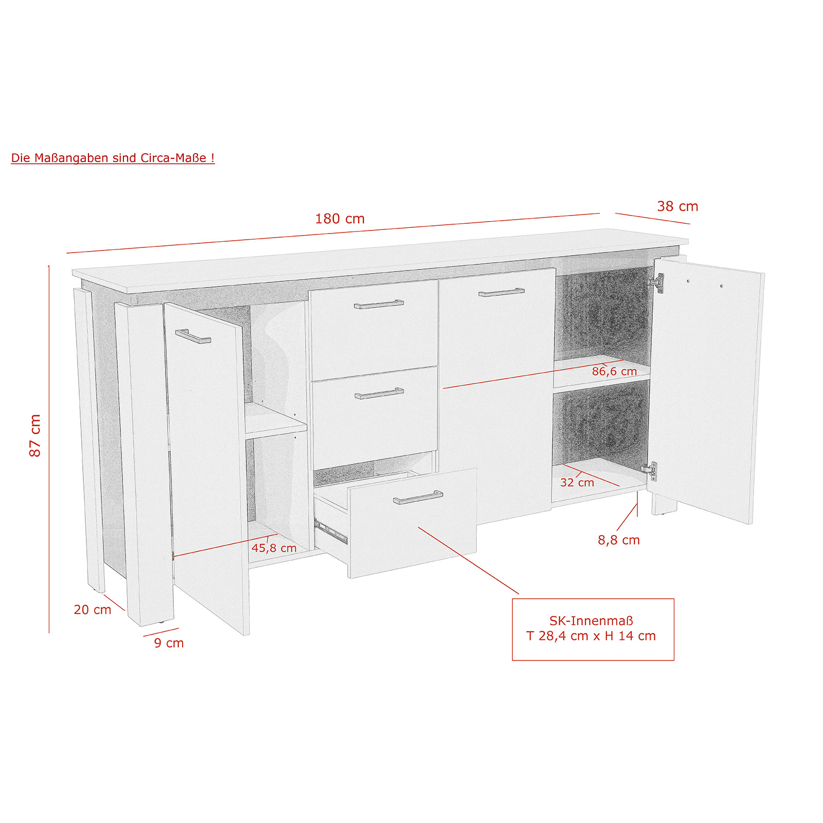 Sideboard - weiß-schwarz - 3 Schubkästen - 180 cm