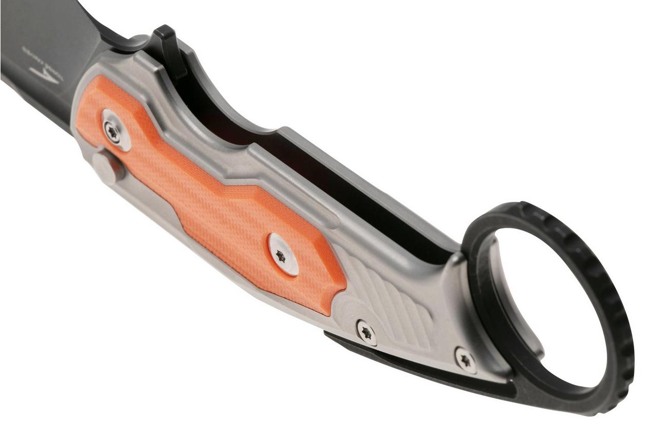 WE Knife Yardbird WE22021-1 Blackwashed CPM 20CV, Gray Titanium, Orange G10 Inlay, karambit zakmes, Maciej Torbé design