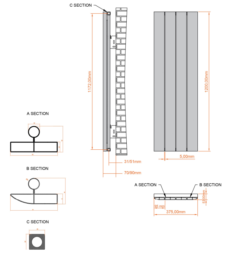 Eastbrook Withington radiator 35x120cm aluminium 742W zwart mat
