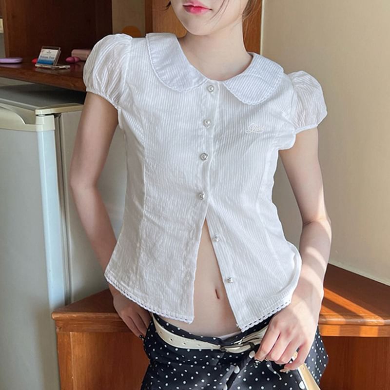 Honet - Slim-fit crop top met pofmouwen en print op poppenkraag