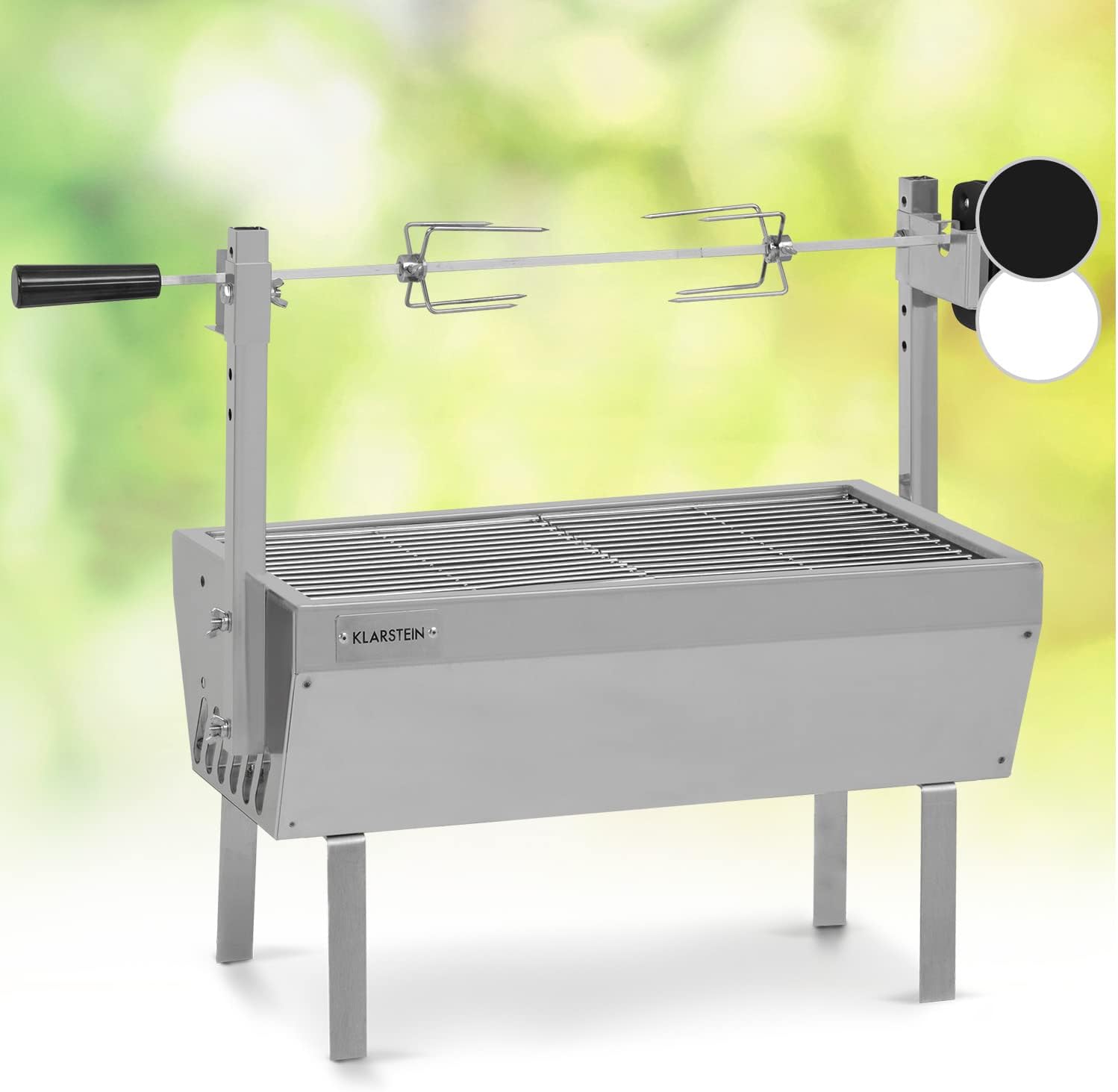 Klarstein 2-in-1 Rotisserie Grill mit Motor, Mini, mit Drehspieß, Elektrischer Spießgrill für Hähnchen & Spanferkel, Spieß Grill mit Edelstahl-Rost, Holzkohlegrill mit Rollen