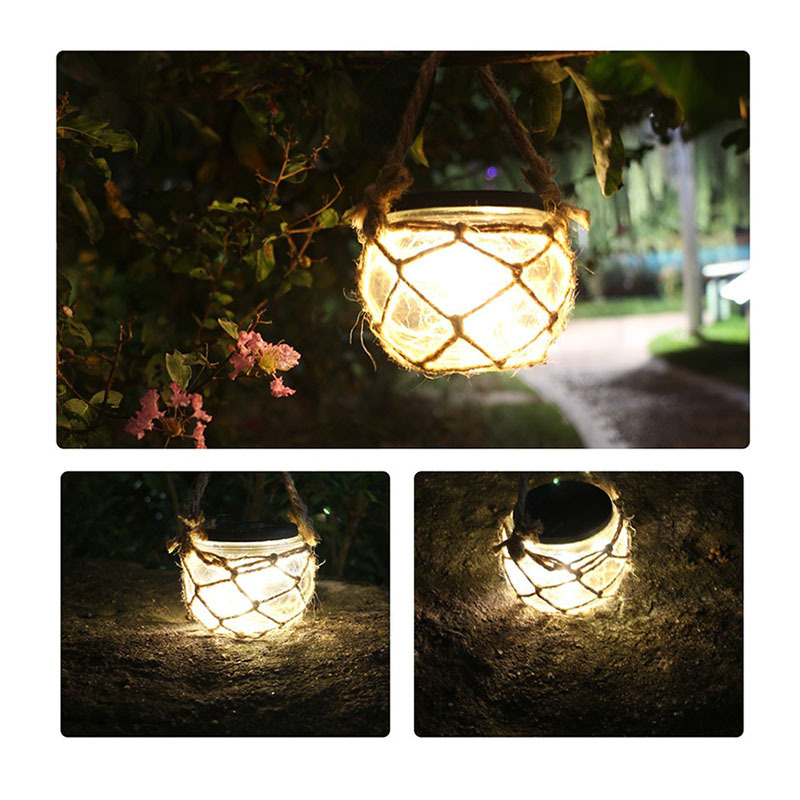 (2er Set) 8x9cm LED Solar Lampe Outdoor Glas Laterne Gartenleuchte mit Sisal Kordeln - Warmweiss