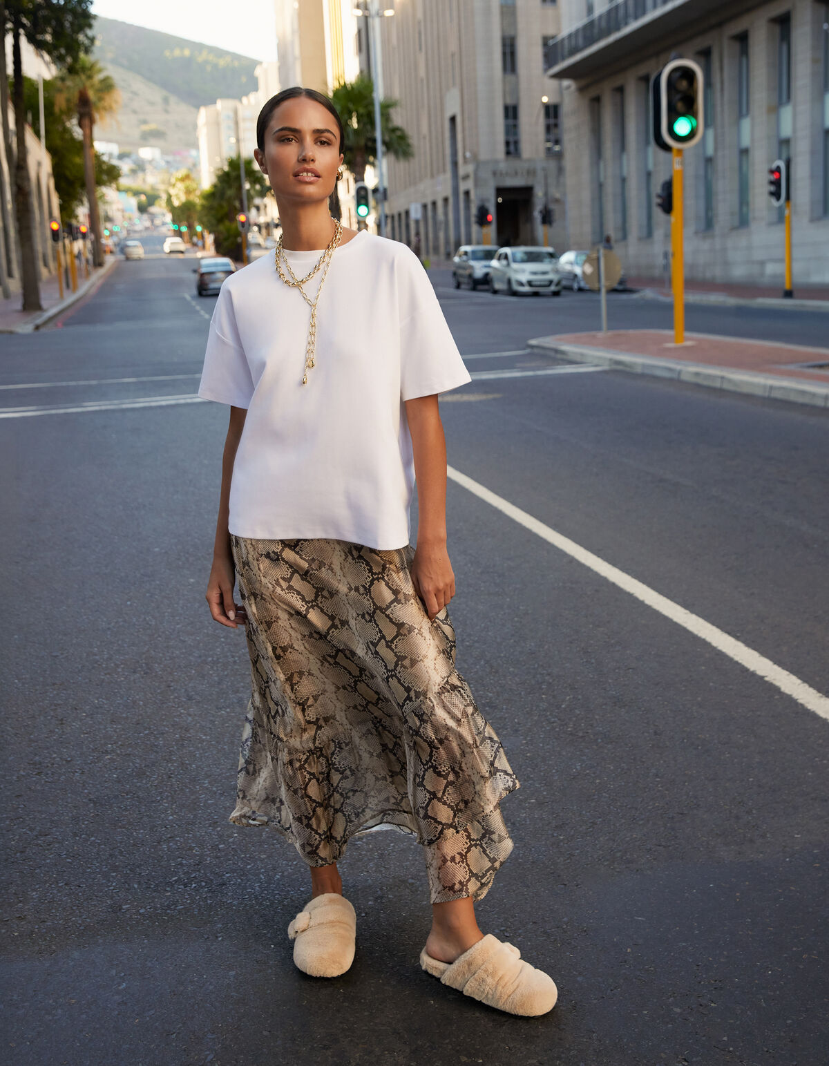 Snake Ruffle Maxi Rok Lichtbruin