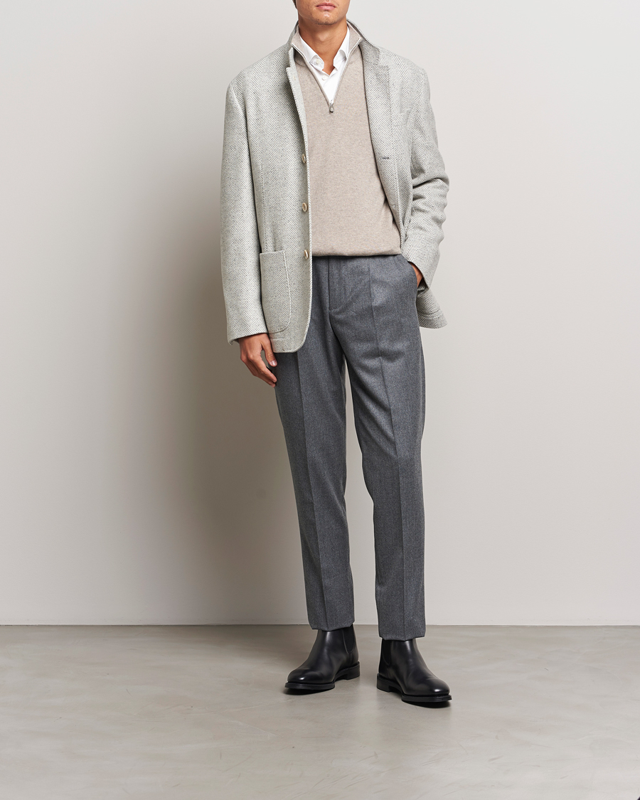 Brunello Cucinelli Slim Fit Pleated Flannel Trousers Grey Melange