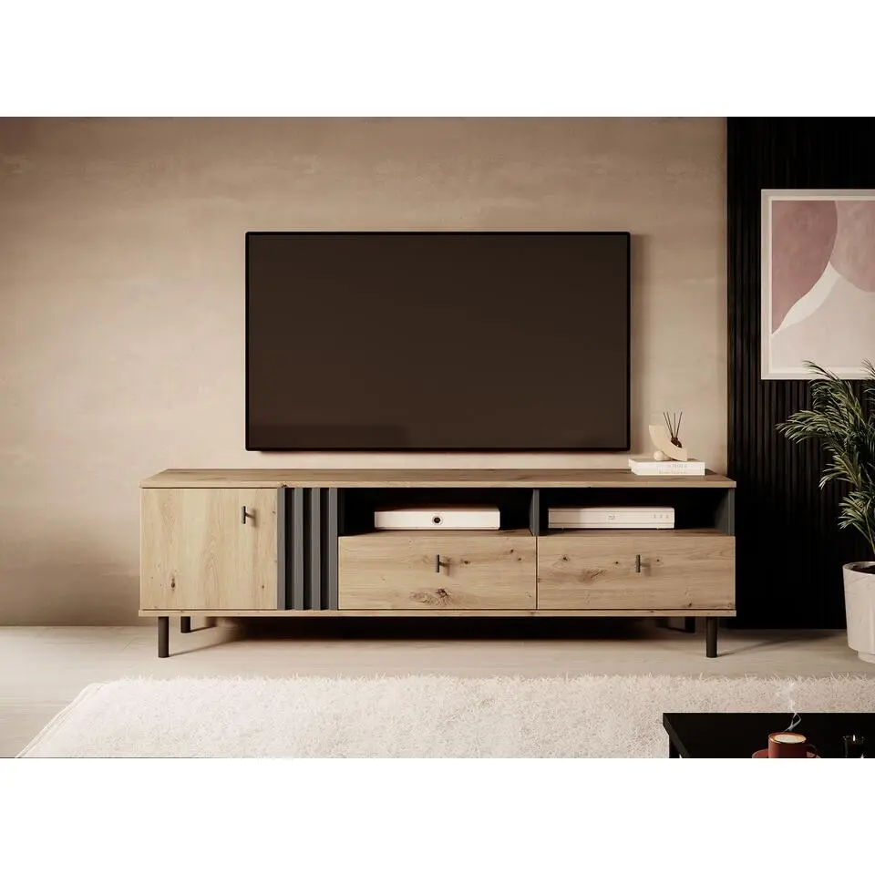Meubella - TV-Meubel Marcos - Eiken - Antraciet - 165 cm