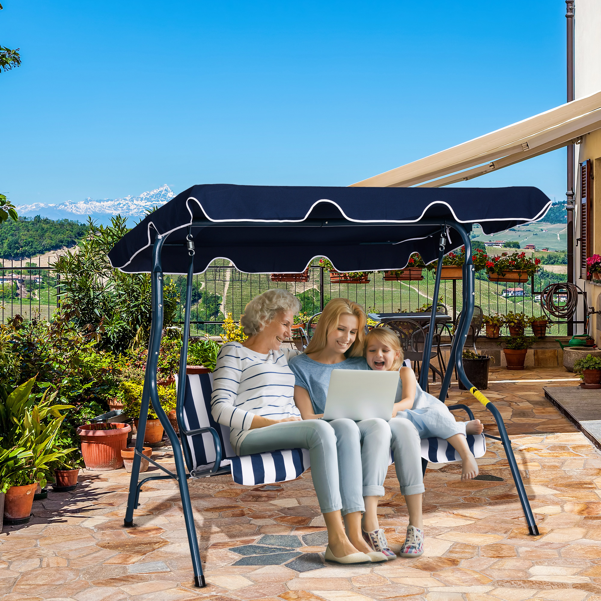 Balanço de jardim Outsunny para 2 a 3 pessoas, em metal, com almofada e cobertura ajustável, ideal para varandas e terraços. Capacidade de carga de 200 kg, dimensões de 170 x 110 x 153 cm, cor azul listrado.