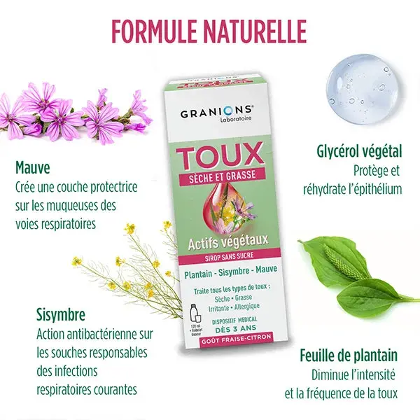 GRANIONS - Xarope para Tosse - Xarope para Tosse Seca e com Catarro - Sabor Morango e Limão - 120 mL