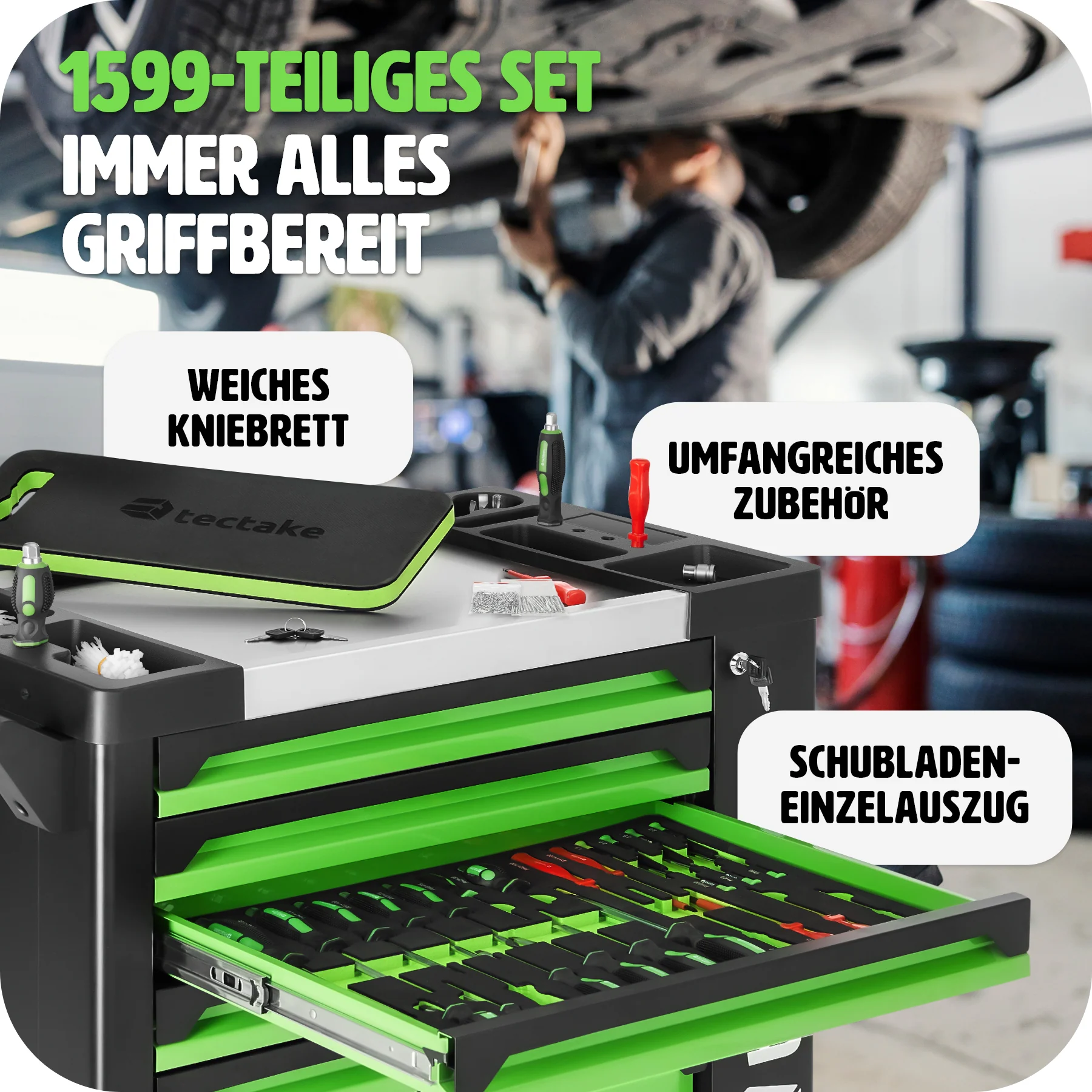 tectake® Werkzeugwagen, bestückt, 1599-teilig, 7 kugelgelagerte Schubladen, zentrale Sicherheitsverriegelung, Rollen Ø 124 mm, Inklusive Kniebrett