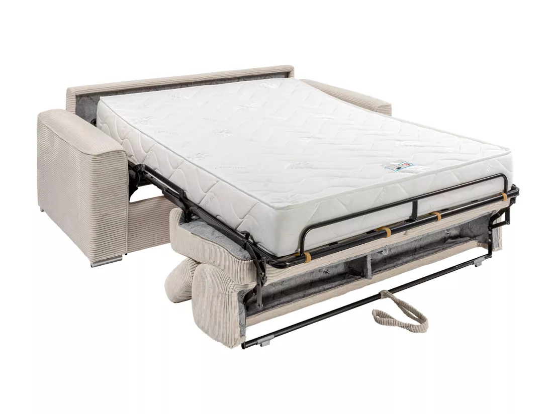 Canapé 4 places convertible express en velours côtelé beige - Couchage à lattes larges 160 cm - Matelas 22 cm mémoire de forme - VIZIR