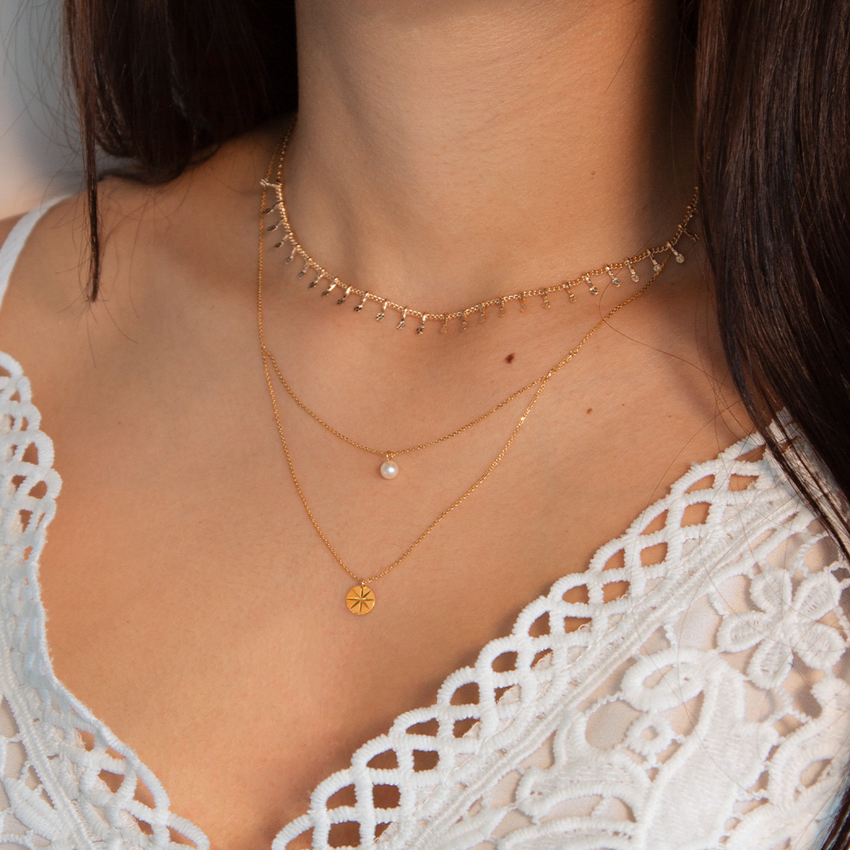 Collier or jaune 375 double rang perle de culture de Chine 45 cm