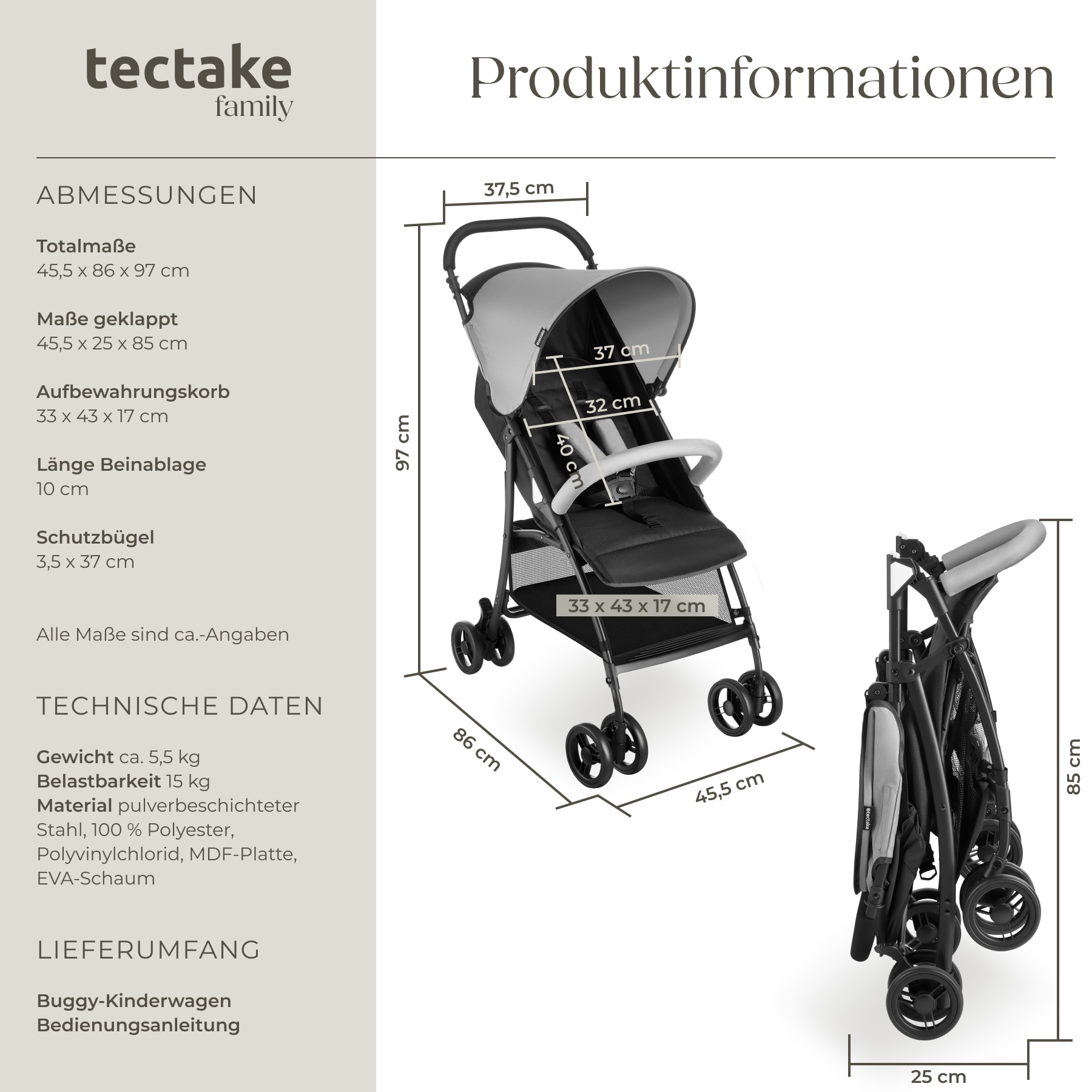 tectake® Buggy-Kinderwagen, klappbar, mit 5-Punkt-Gurt, Bremse und Schutzbügel, pulverbeschichtetes Stahlgestell und pflegeleichter Polyesterbezug, für 0 bis 36 Monate geeignet, Belastbarkeit 15 kg