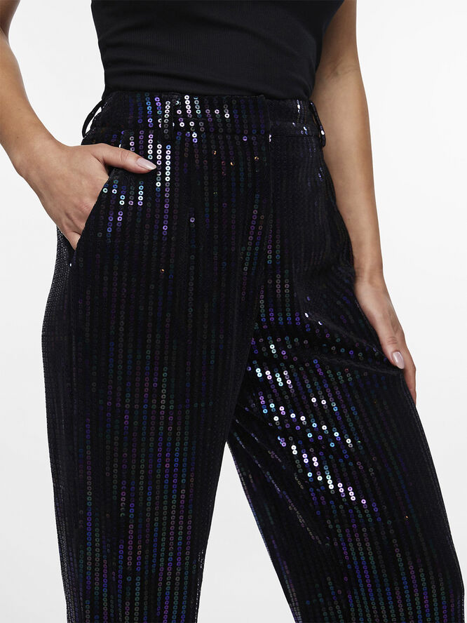 YAS YASELIVA SEQUIN HW STRAIGHT PANT - Black/w. sequins