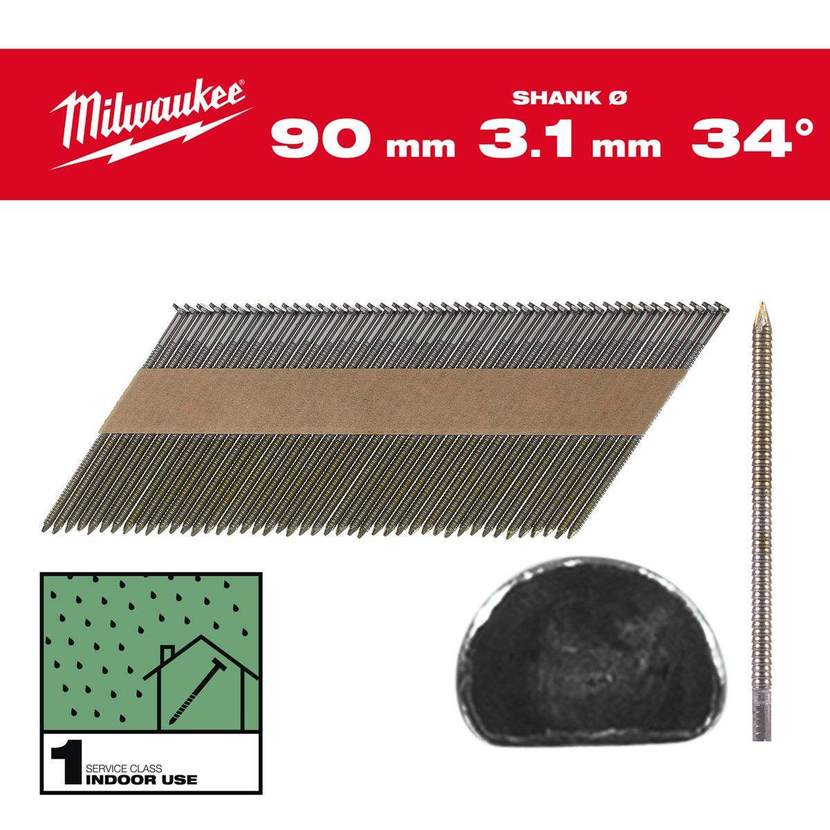 Milwaukee Nagels D-kop 34° 90mm | Ring Schacht | Blank | VE=2200 - 4932492604