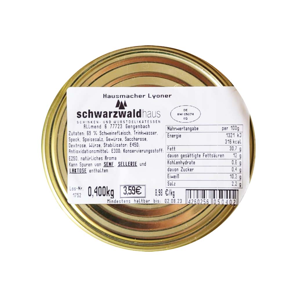 Schwarzwaldhaus Original Lyoner 400g Goldglanzdose MHD:3.12.25