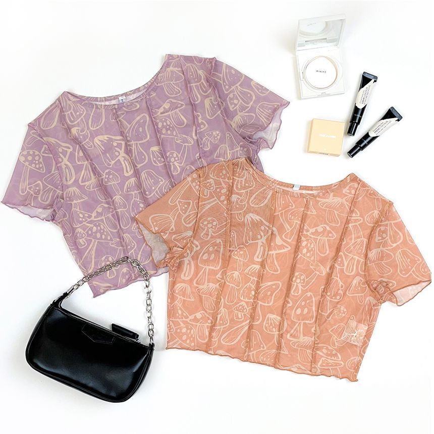 Pandaramma - Crop top met korte mouwen, mesh, ruches en paddenstoelenprint