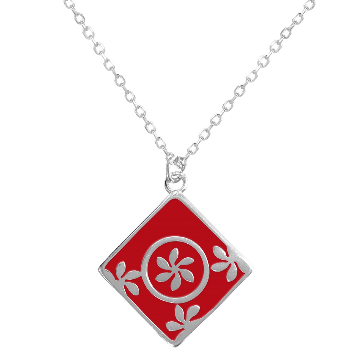Collier fleur en argent rhodié avec émail rouge