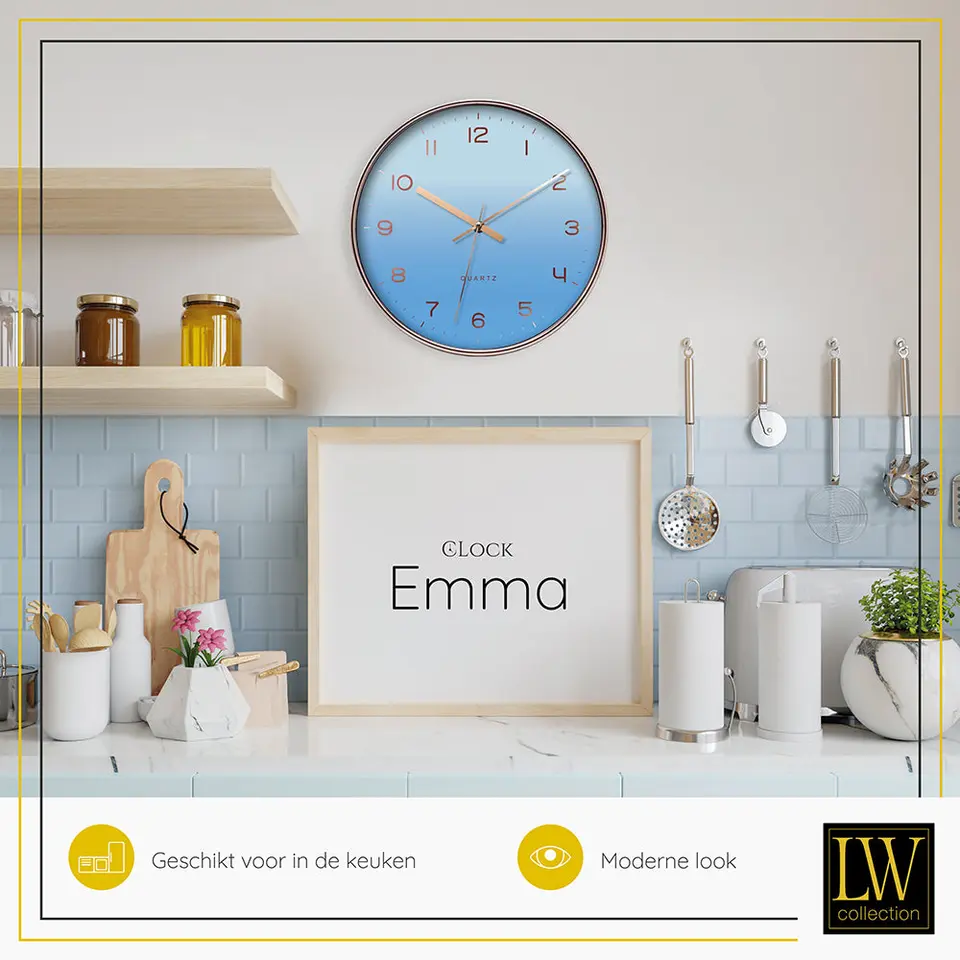 LW Collection Keukenklok Emma lichtblauw rosé 30cm