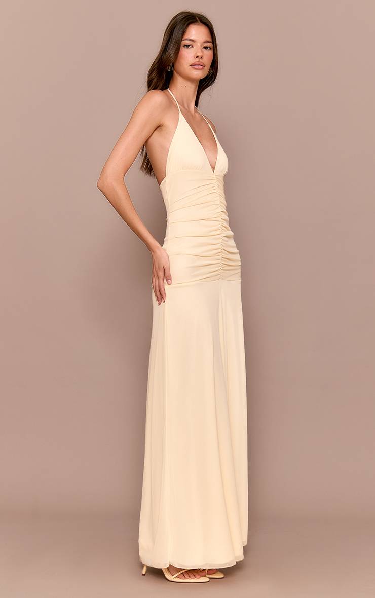 Crème Robe Longue À Bretelles Avec Détail Froncé