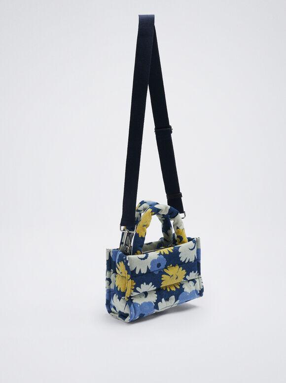 Bolsa tote de jeans com estampa floral - Azul