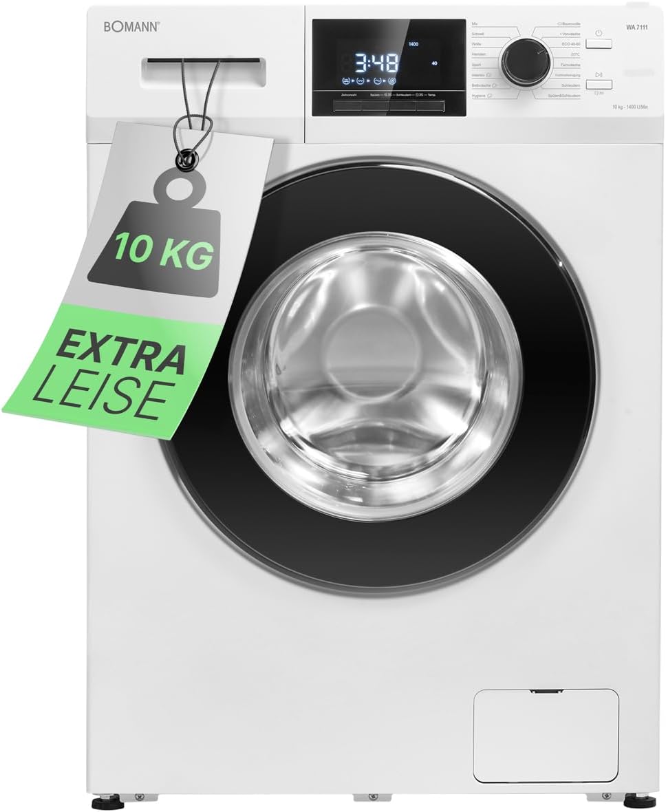 Bomann® Waschmaschine 10kg | max. 1400 U/min | 16 Programme | Bürstenloser DC-Motor: effizient, leise und langlebig | Endzeitvorwahl | Zulaufschlauch-Sicherheitssystem | Washing Machine | WA 7111