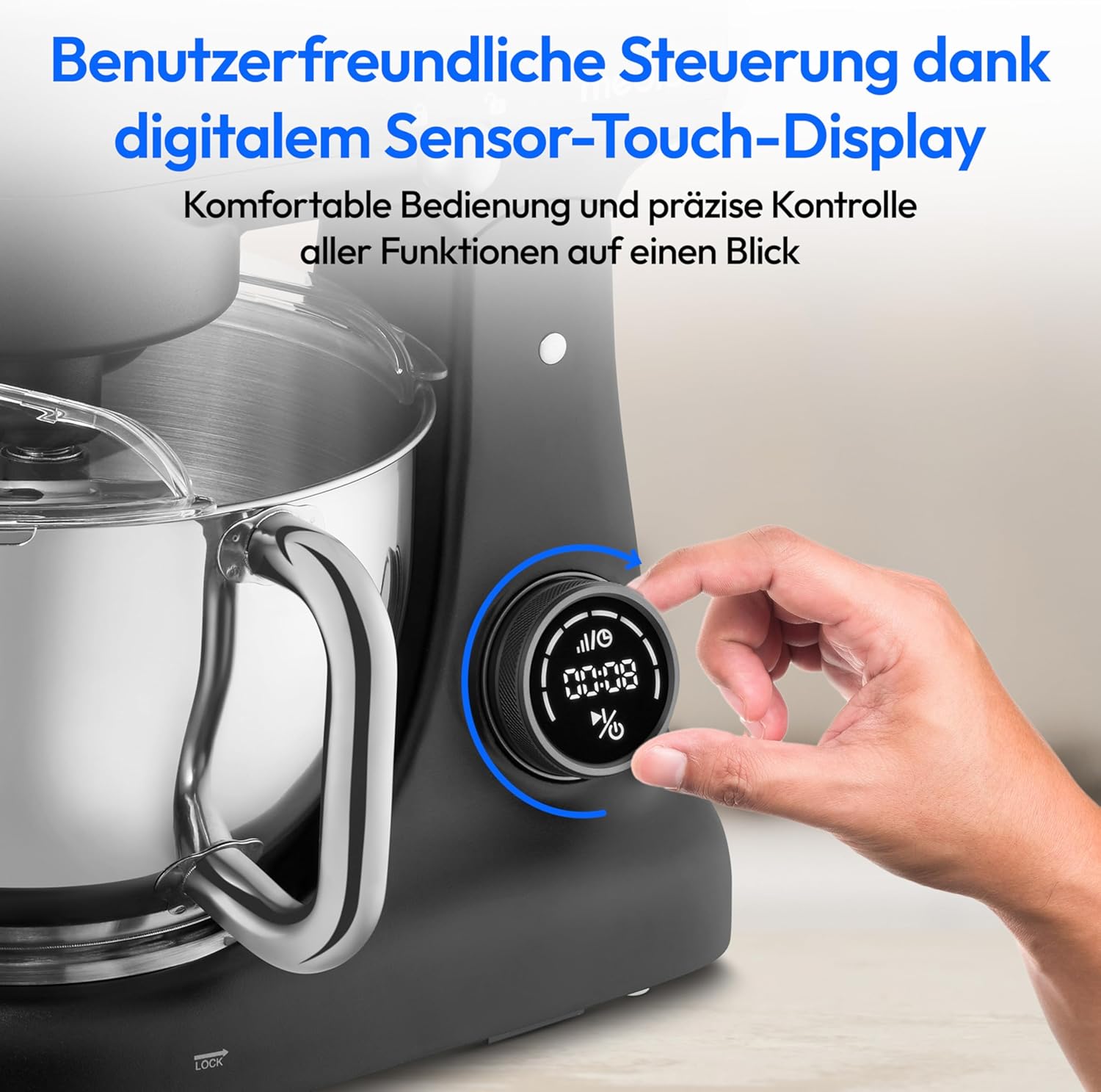 MEDION Küchenmaschine (Fleischwolf, 4,6 L Edelstahlschüssel, leiser Gleichstrommotor, 800 Watt, Reiben Raspeln Schneiden, Digitales Sensor Touch Display, Knetmaschine, Teigmaschine, MD12600) schwarz