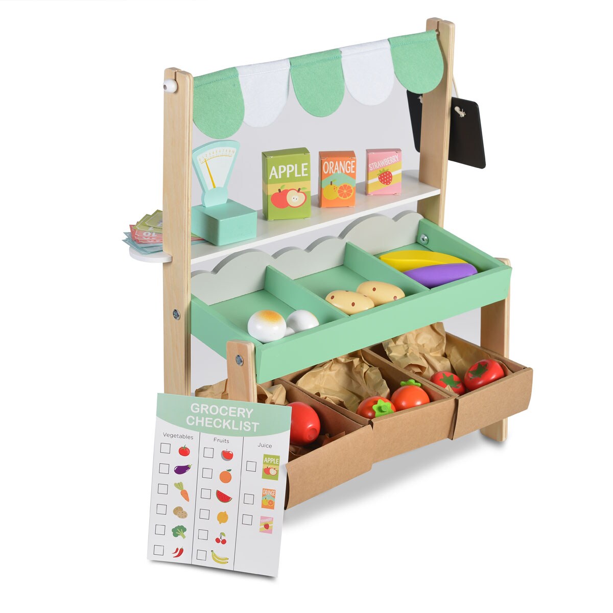 Moni Kinder Marktstand 4425 Holz 50cm hoch Supermarkt Lebensmittel Einkaufsliste grün