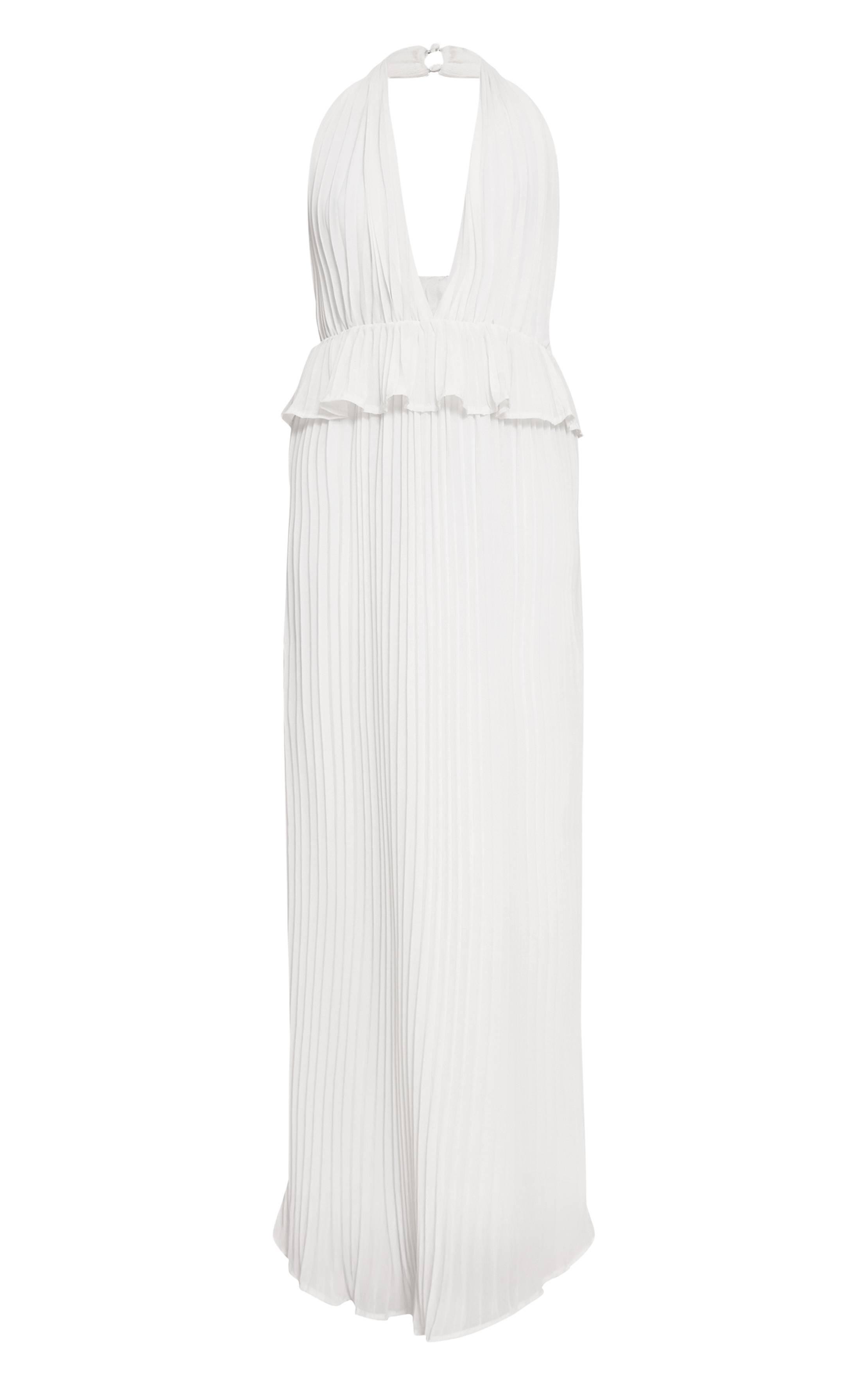 Pale Yellow Robe Longue Plissée À Col Licou Avec Détails De Volants