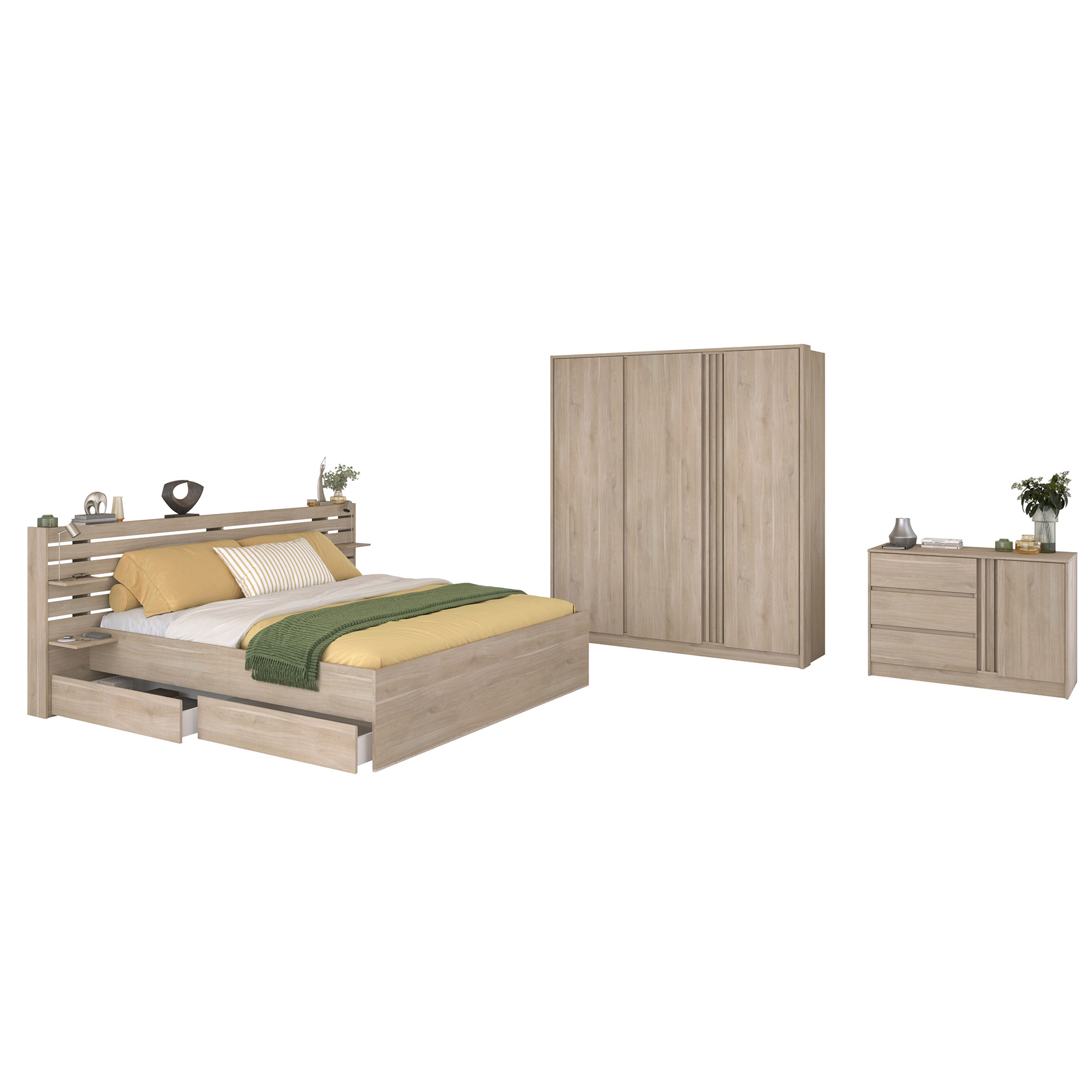 3-teiliges Schlafzimmer-Set ESCALE 21 - Japanische Eiche - 140x200 cm