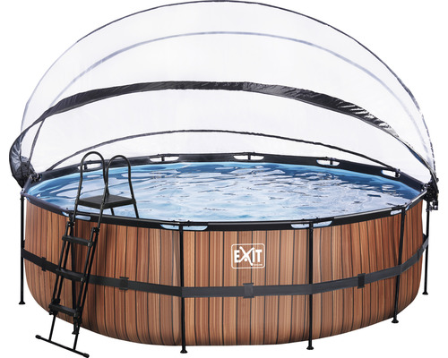 EXIT WoodPool ronde opzetzwembadset Ø 488x122 cm inclusief zandfiltersysteem, afdekking & ladder, houtlook