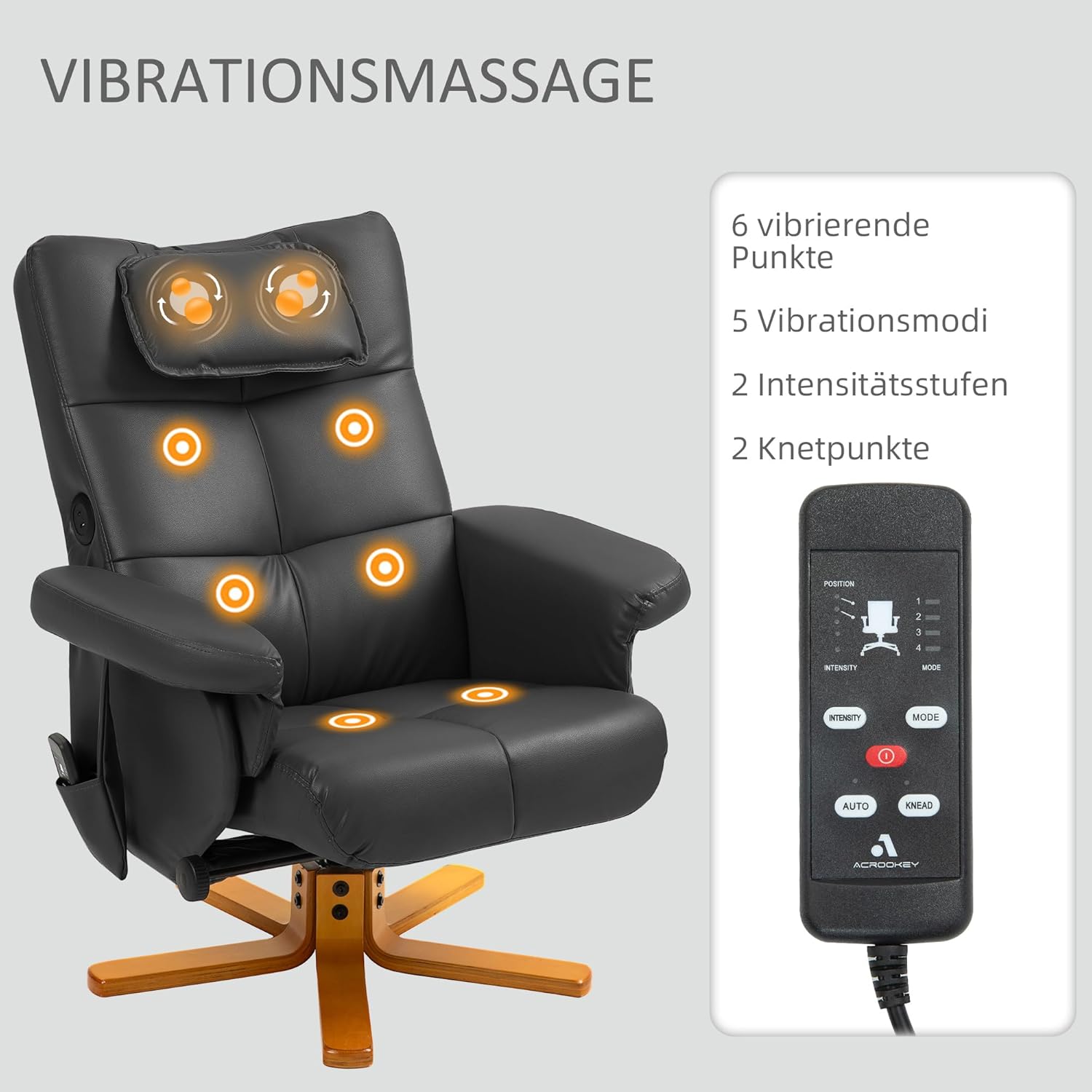 HOMCOM Relaxsessel mit Hocker, 360°drehbarer Fernsehsessel mit Knetmassage und Vibrations-Massage, Liegefunktion, Massagesessel mit USB- und USB-C-Anschlüssen, Seitentasche Kunstleder Schwarz
