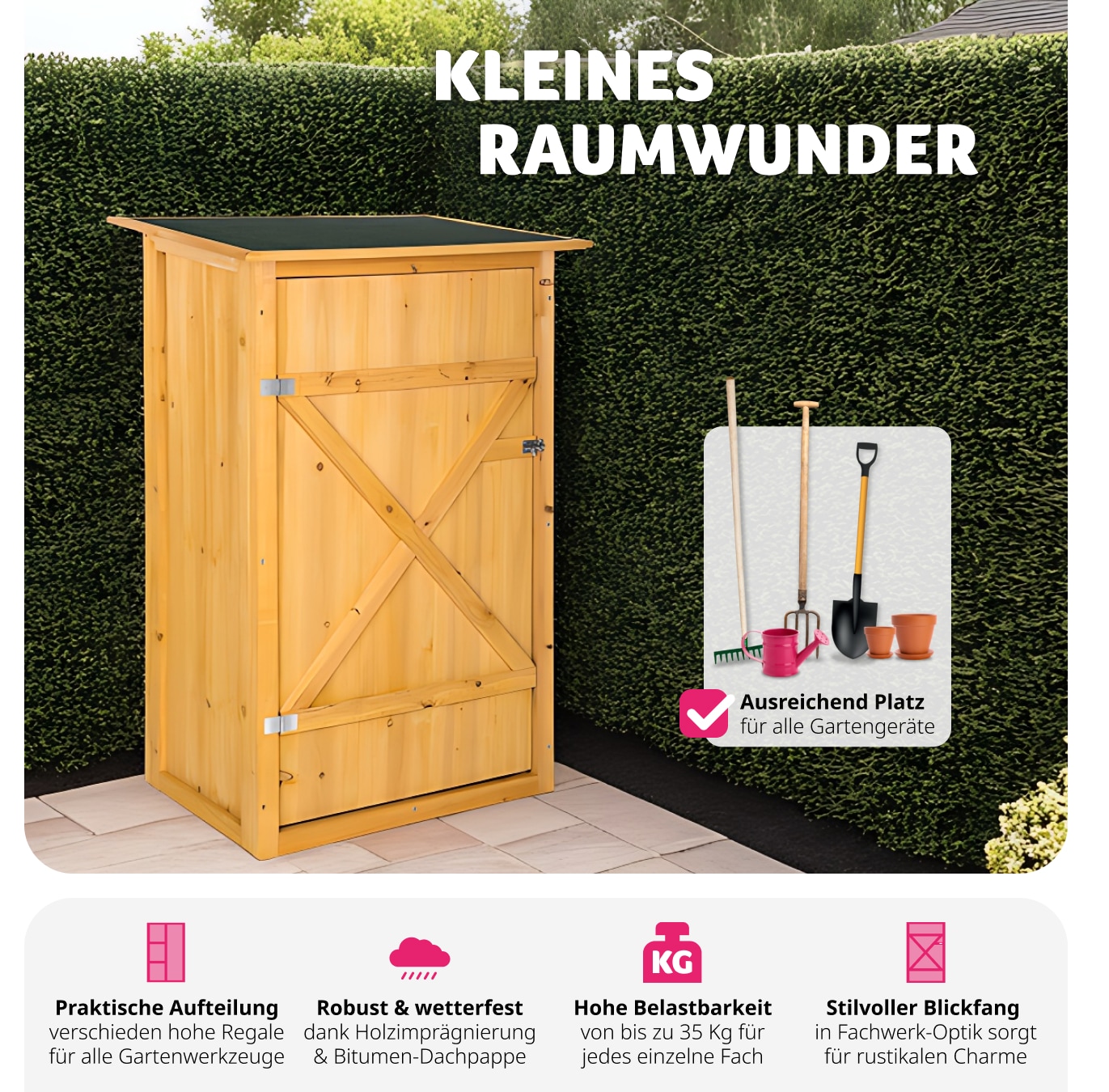 tectake® Gartenschrank mit Flachdach, aus imprägniertem Nadelholz, Dachpappe aus Bitumen, 75 x 56 x 118 cm