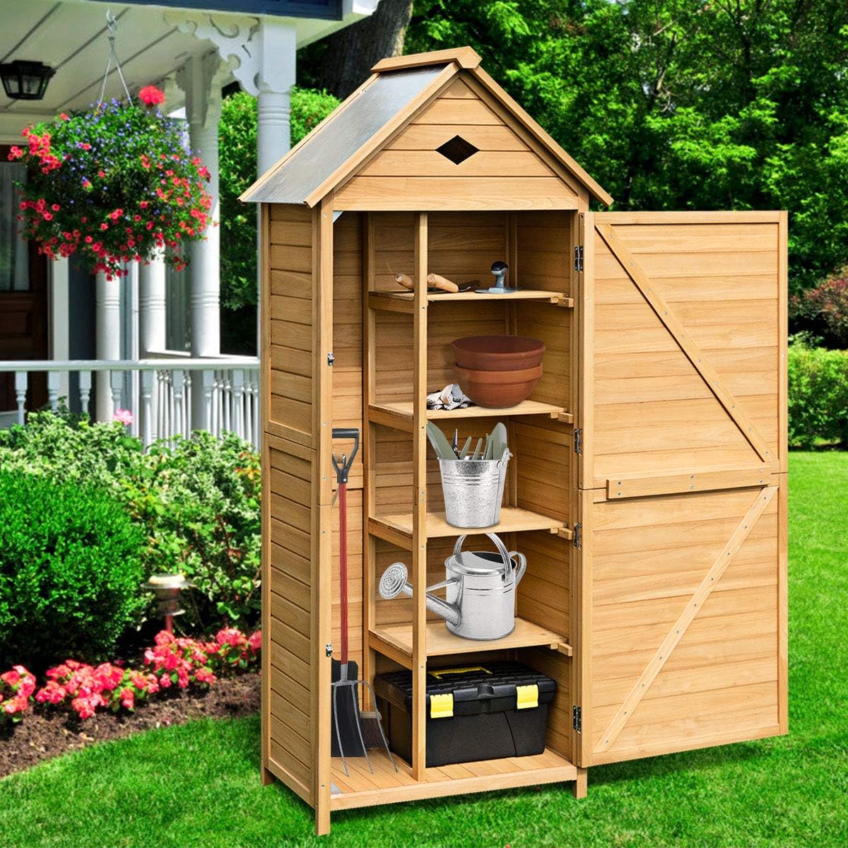 GOPLUS Gartenhaus Holz, 80 x 35 x 176 cm Geräteschuppen mit Satteldach & Ablagen & Schloss, Gerätehaus wetterfest, Gartenschrank Gartenhütte Holzhütte Gartenschuppen für Terrasse & Balkon