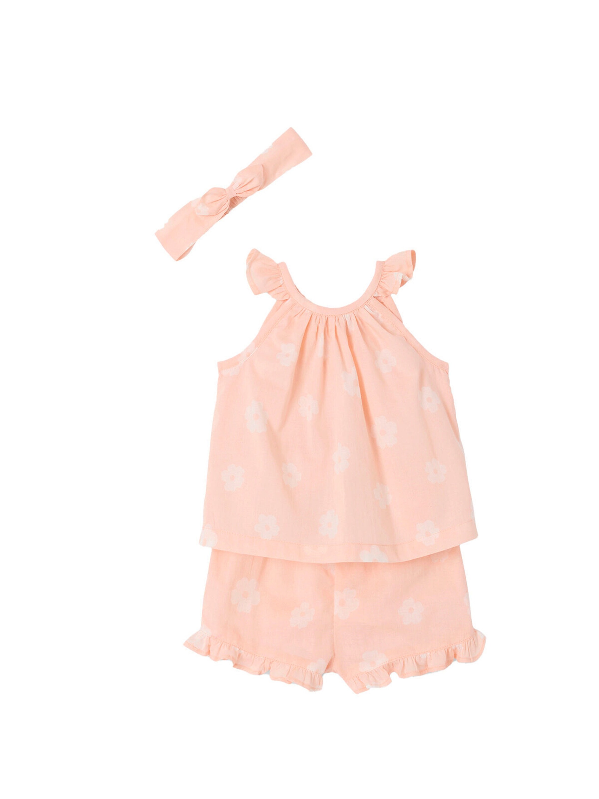 Vertbaudet Bedrucktes Mädchen Baby-Set: Top, Shorts & Haarband hellrosa