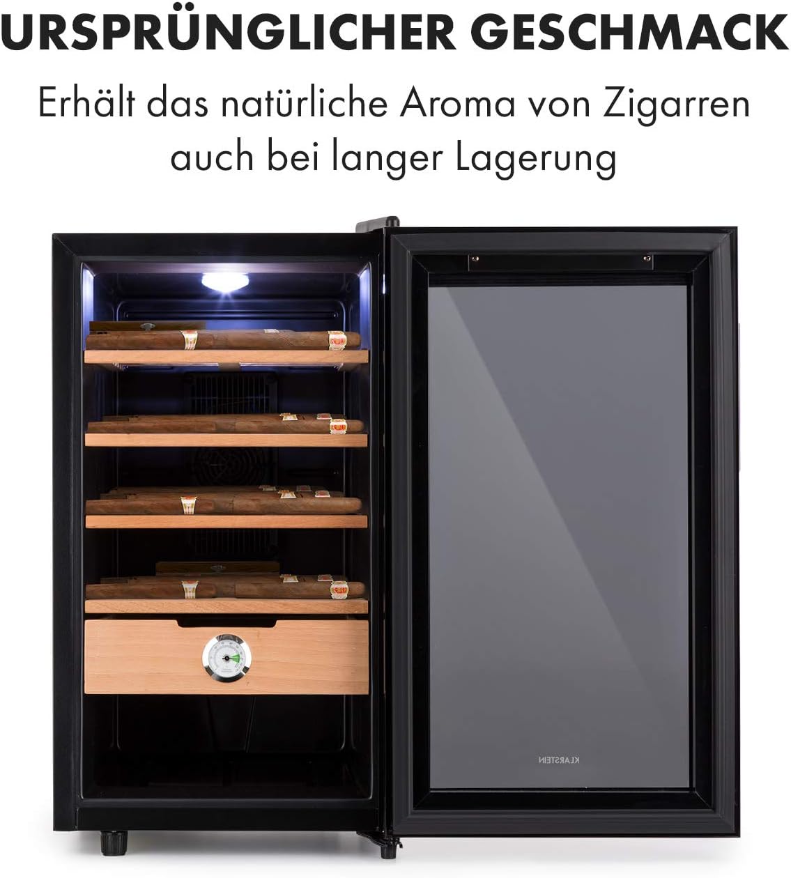 Klarstein El Presidente Zigarren Humidor - thermoelektrischer Humidor Schrank mit Glastür, Humidor Befeuchter mit Einschüben aus Zedernholz, Hygrometer, LED-Innenbeleuchtung, 23 Liter, schwarz
