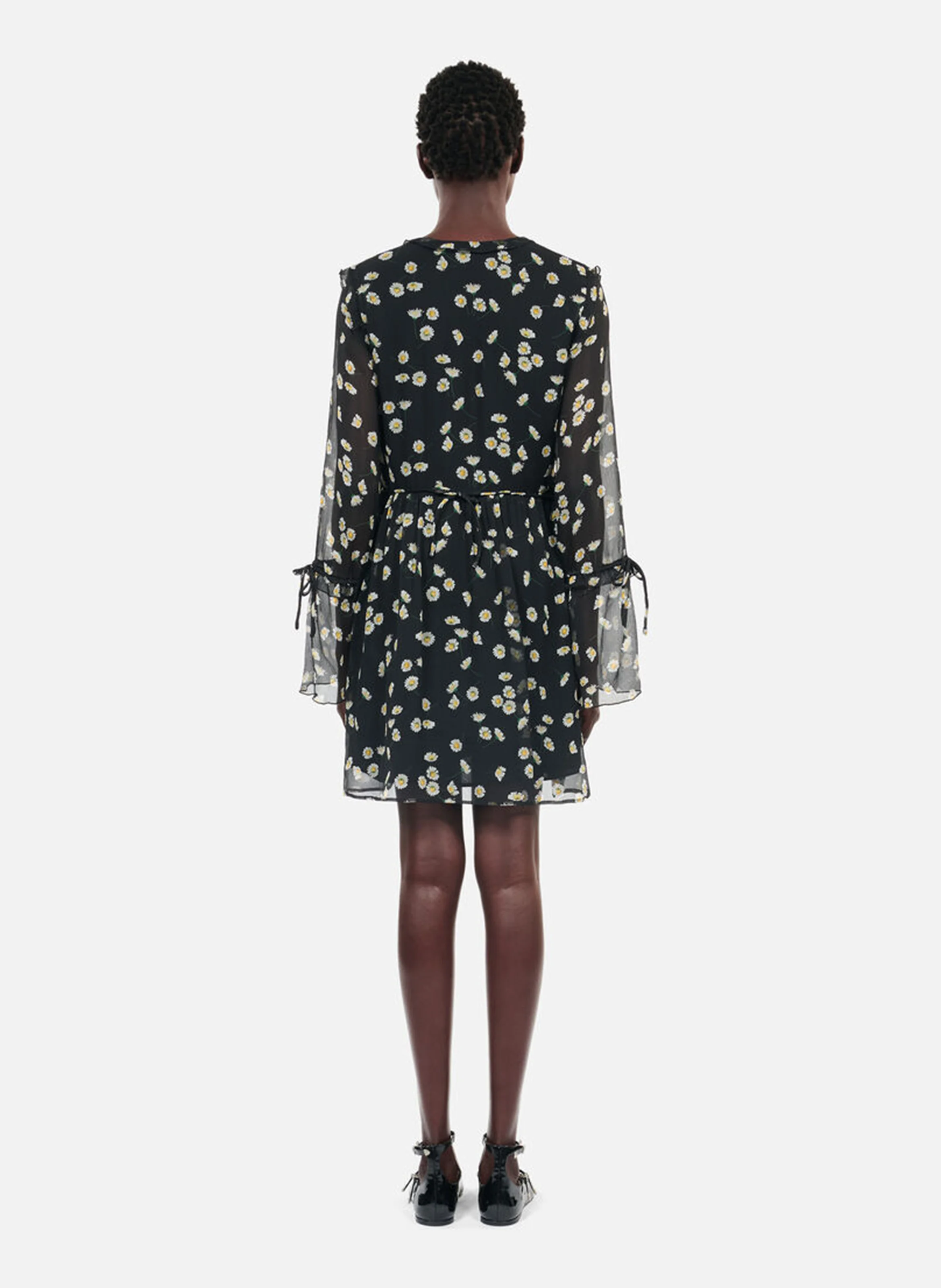 Robe courte droite col V imprimée en soie | Noir