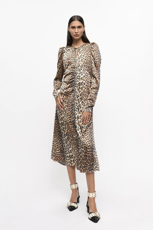 Ganni Printed Satin Ruched Midi Dress Leopard