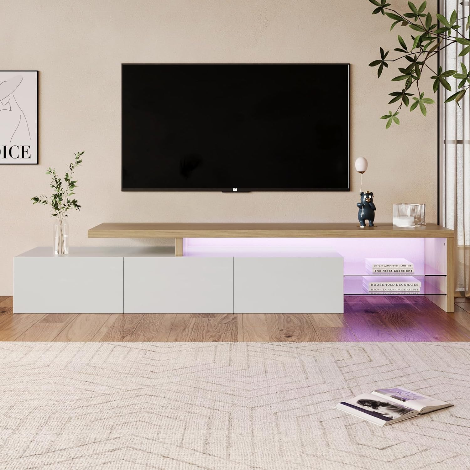 TV-Schrank Lowboard 200 cm mit LED-Beleuchtung, Hochglanz weiß und Natur Holzmaserung,Modernes TV-Board,Fernsehtisch,mit 2 Glasböden und 3 Türen,Tv Cabinet für Wohnzimmer 200 L x 39 B x 42 H