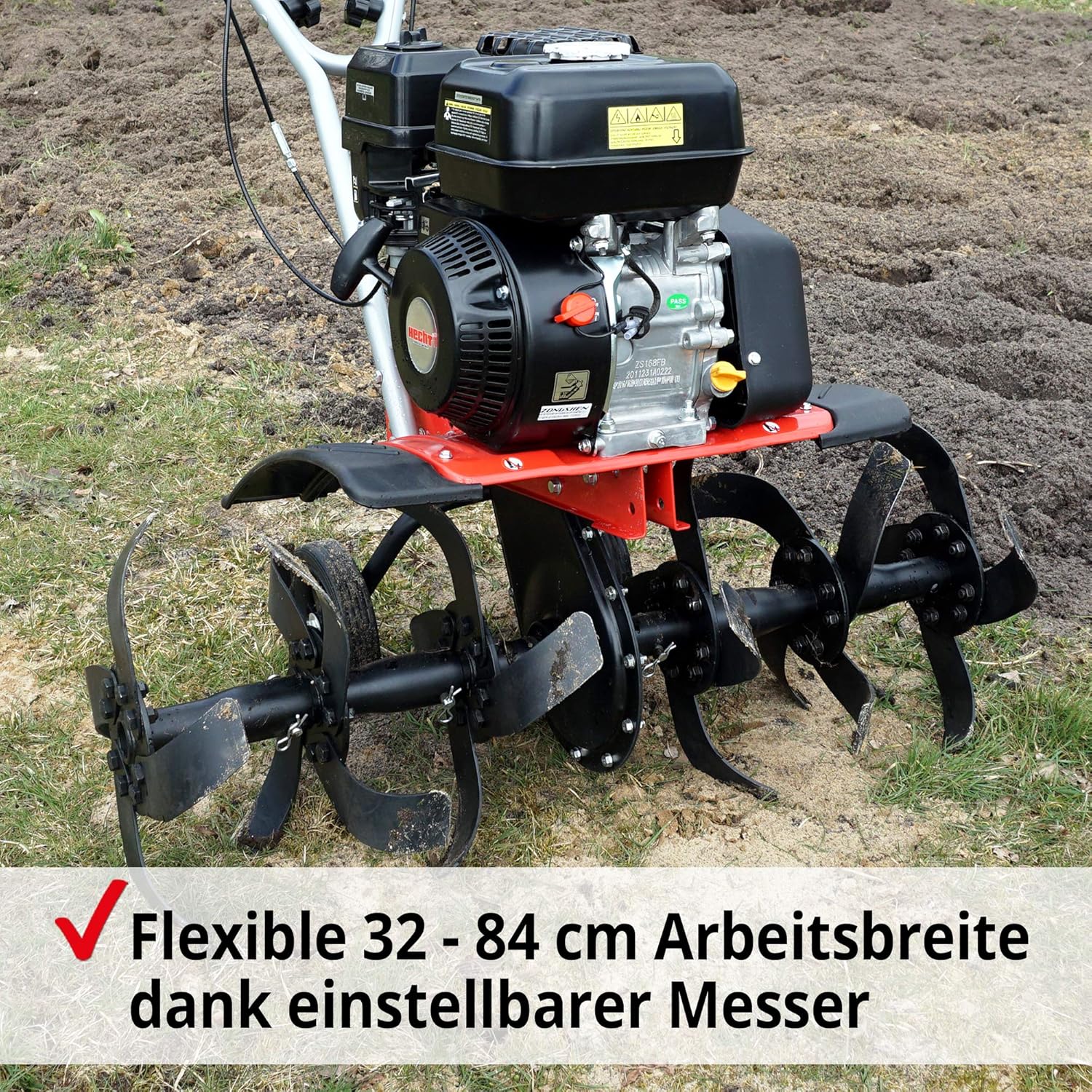 HECHT Starke 4,5 kW / 6,5 PS Benzin Motorhacke I 4-Takt Motor I 32-84 cm Arbeitsbreite I 24 robuste Messer – bis 32 cm tief Garten umgraben und Boden auflockern I Gartenfräse Benzin - Bodenfräse
