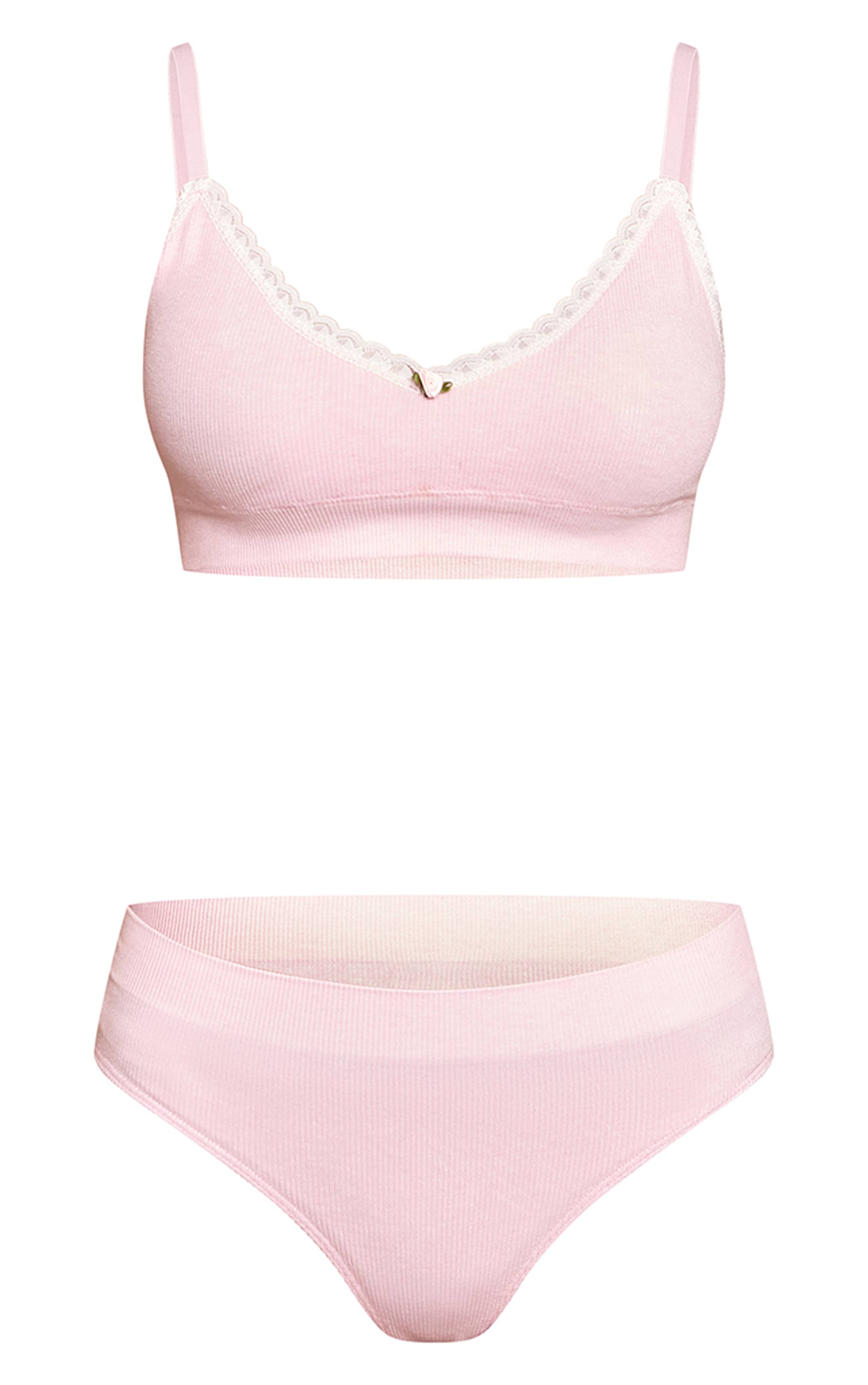 Rose Bébé Ensemble Brassière Et Culotte En Pointelle Avec Finitions En Dentelle