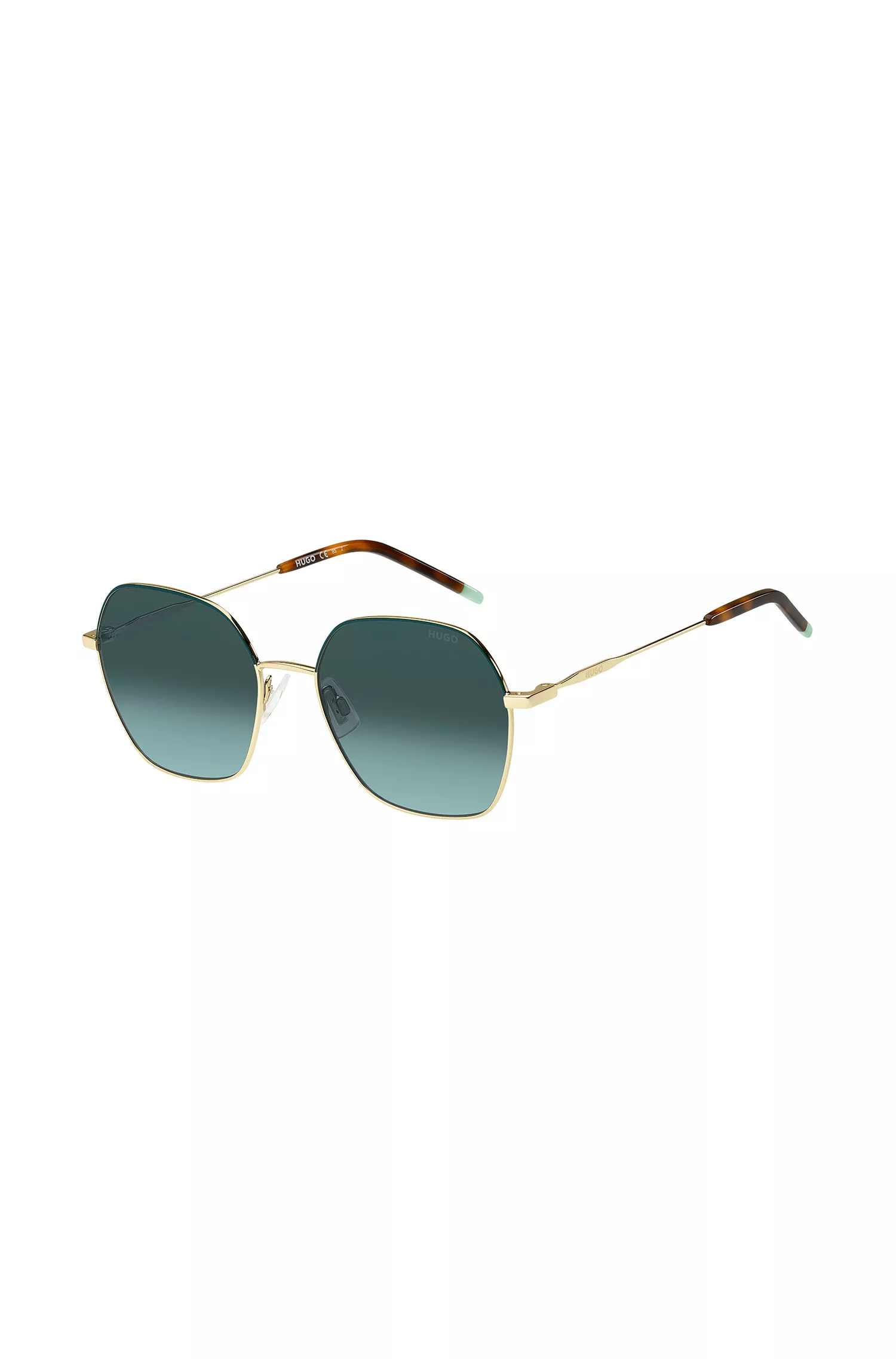 Óculos de sol HUGO em tons de vermelho e dourado com ponteiras em acetato Havana.